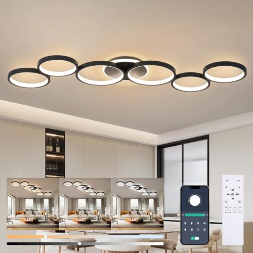 Liyabber LED Plafonnier Dimmable de Salon Noir Lampe de Salon Lampe de Chambre à Coucher Telecommande et APP, Moderne 6 anneaux ronde Luminaire Plafonnier avec Fonction...