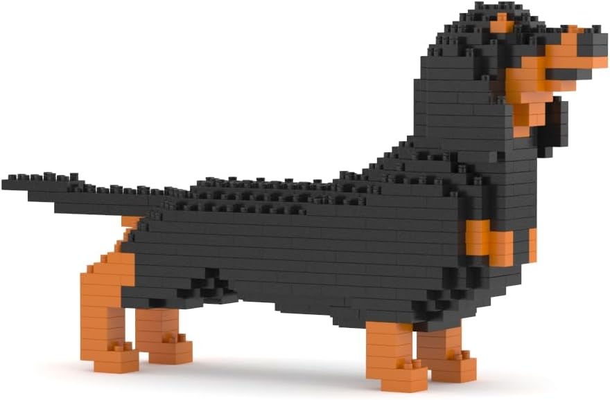 Completed JEKCA Dachshund Mini 01S model, side view, black and orange bricks.