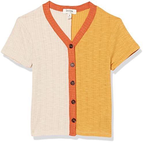 Speechless Girls' Short Sleeve Button Front Colorblock T-Shirt, Gold/Ivory, Medium #TOP12