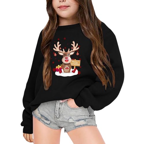 Genérico 2026 Sudadera navideña Infantil con Capucha para niñas Chaqueta Polar cálida de Manga Larga y Cuello Estampado (Black, 7-8 Years)