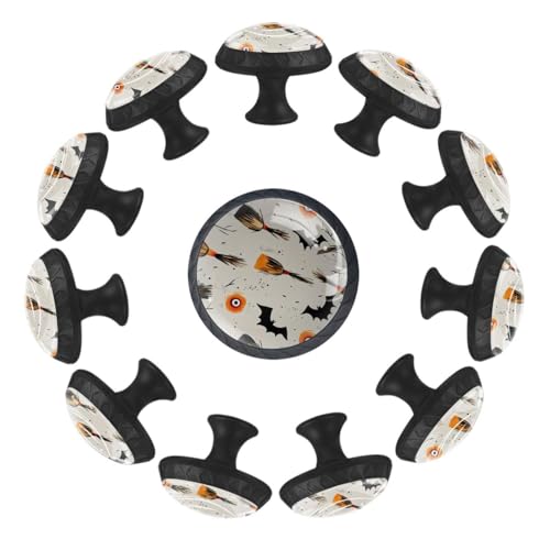 IROLSKDNFH 12 Pieces Seamless Halloween Brooms Flying Eyes Bats Glass Knobs for Dresser Drawers, 1.37 x 1.10 in Round Kitchen Cabinet Pulls for Home Office Nursery Kids Room
