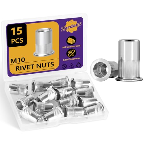 M10 Rivet Nuts, 15Pcs Threaded Insert Nutsert Rivnut Metric 304 Stainless Steel Finish Flat Head Rivnut Threaded Insert Nut Knurled Body for Automotive Furniture (M10-1.5mm)