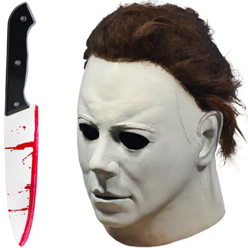 wenweo Michael Myers Maske aus Latex - Originalgetreue Halloween Maske horror für Erwachsene - Michael Myers Kostüm Zubehör für Mottoparty & Horror PartyWeiß