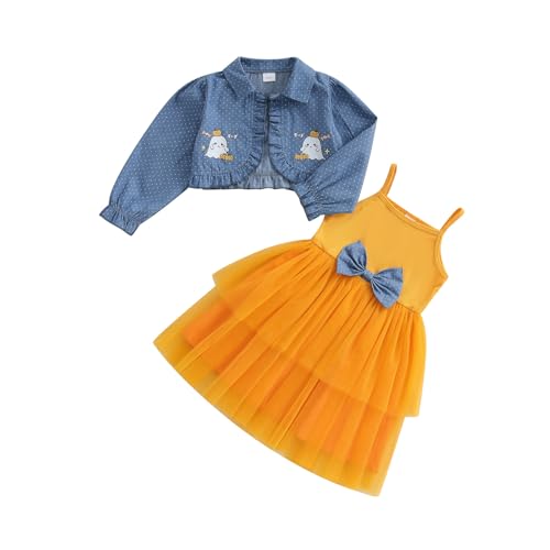Baby Girl Halloween Outfits Tulle Dress Sleeveless And Long Sleeve Denim Jacket Baby Girl Clothes Set (Lemon Yellow Halloween, 18-24 Months)