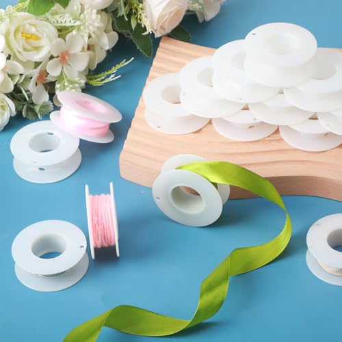 Image of Weysat 30 Pack Empty Plastic Spools for Storing Chains and Ribbons White Wire Weaving Bobbins Thread Spools Ribbon Chain Tape Spools for Embroidery Thread Yarn Ribbon Crafts Sewing 2.2x0.79 Inch