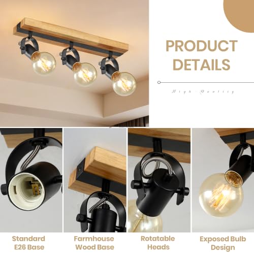 Image of 3‑Light Track Ceiling Light, Industrial Wood Spot Light Fixture, Adjustable Direction Ceiling Spotlight, Vintage Metal & Wood Ceiling Lamp for Kitchen E26 Base (Bulbs Not Included)