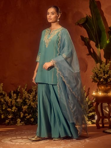 Image of FIORRA Women's Sea Green Viscose Chanderi Embroidered Ethnic Straight Kurta Set with Dupatta