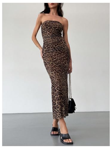 Image of GORGLITTER Women's Strapless Mesh Dinner Cocktail Tube Maxi Dress Y2K Summer Wedding Guest Sunset Prom Beach Sundresses Brown Leopard Small