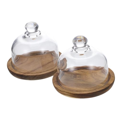 KOCKSHION Lot De 2 Assiettes à Gâteau 10 Cm En Acacia Avec Cloche En Verre Hermétique, Plateau En Bois Naturel, Préservation Fraîcheur Des Desserts, Utilisation La Cuisine Et Présentation Repas