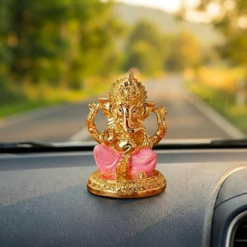 Image of Gold Plated Ganesh Idol | Ganpati Murti for Car Dashboard, Office Desk, Hindu God Gift & Home Decor - Resin (Gold & Pink)