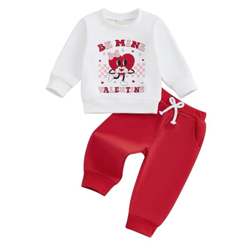 Thorn Tree Toddler Girl Valentines Day Clothes Set Bow Heart Printed Sweatshirt Solid Long Pants Winter Spring Outfits