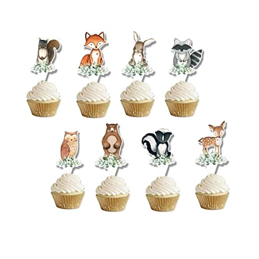 HEETON Woodland Party Cupcake Topper Woodland Baby Shower Welcome Baby Fox Deer Happy Birthday Theme Woodland Creatures Fawn Animal Party Supplies Decorations 48pcs