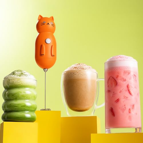 Image of Zulay Kitchen Cat Milk Frother Wand - Cutesy Frother, Meet Your New Frothing Buddy Tiger The Cat, Adoption Papers and Stickers Included, Purrr-fect for Lattes, Cappuccino & Matcha - Orange