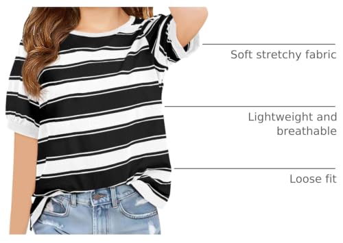 Image of Haloumoning Girls Striped Short Sleeve T Shirts Kids Summer Casual Tops Crewneck Tees Blouses 5-14Y