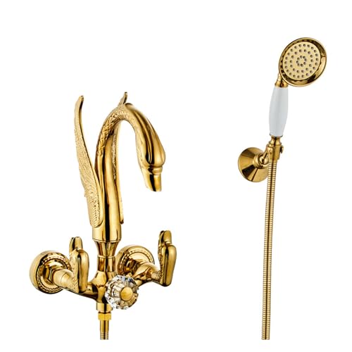 Grifería para bañera, juego de grifo con 2 funciones con ducha manual, cuerpo de latón, montaje de pared, grifo de bañera con agua fría y caliente, diseño de cisne miniatura 1