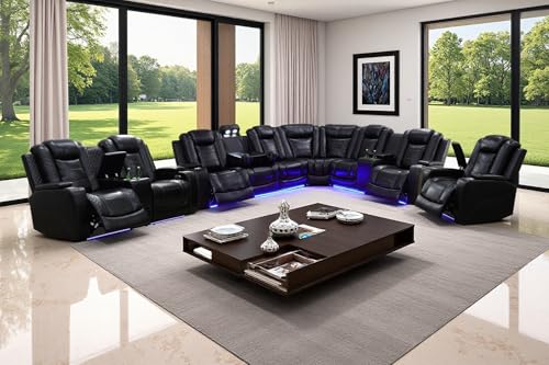 Image of Power Breathing Leather Reclining Sofa, Power Recliner Sectional Sofa with Reading lamp /LED Light, Sectional Reclining Loveseat Couch with Hide-Away Storage for Living Room
