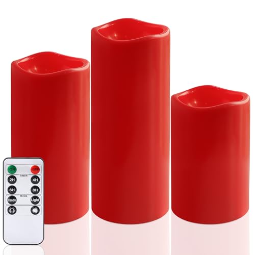 Image of NURADA Large Waterproof Flameless Candles 6 inch 8 inch 10 inch x 4 inch - Outdoor Indoor LED Pillar Flickering Candle Battery Operated with Timer Remote for Patio Porch Christmas Decor - Red Set of 3