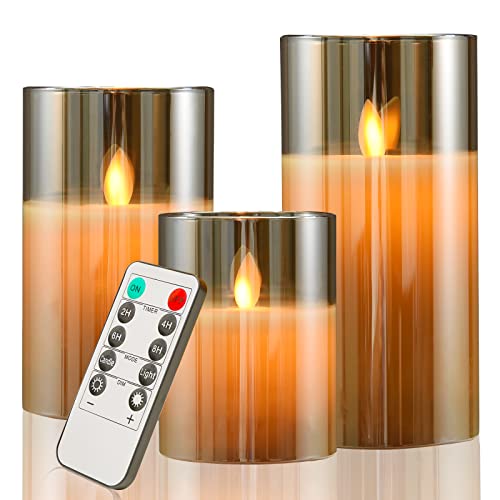 Image of JOSU Flameless Candles 4 inch 5 inch 6 inch Set of 3 Outdoor Indoor Fake Pillars Gold Glass LED Battery Operated Candles Include 10-Key Remote Timer for Wedding Party Halloween Christmas Thanksgiving Fall Diwali