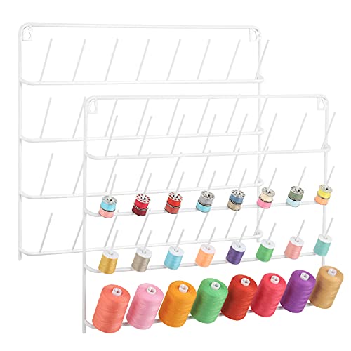 BTY 32 Spools Sewing Thread Rack 2 Pack, Wall Mounted Metal Sewing Thread Holder Organizer, Storage with Hanging Hooks for Sewing Craft Room, Embroidery Thread - White