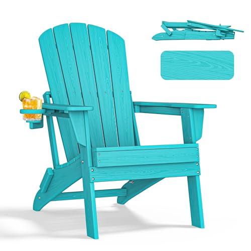 nevilywood Folding Adirondack Chair - Extended Ergonomic Backrest, Cup Holder - Easy Assembly - Durable HDPE Plastic, Weather Resistant & Maintenance-Free - Lawn, Patio, Deck Supports 380lbs Aruba