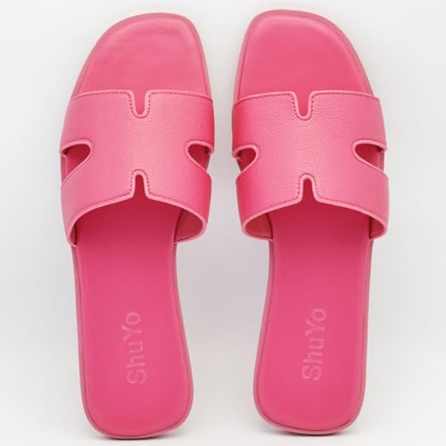 Image of Women's Flat Sandals, Ladies Leather Slippers, Comfy Dressy Slip on Shoes Elegant Slides Summer Fall Spring Cute Open Toe Casual Footwear