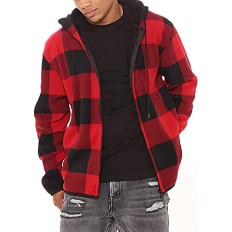 Maxwinee Men's Winter Jacket with Hood Warm Lined Checked Outdoor Jacket Sherpa Hooded Jacket with Zip Fleece Jacket, red, L Cover