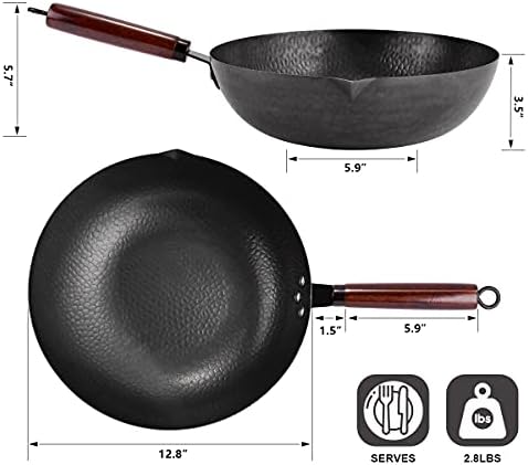 12.8" Carbon Steel Wok-11Pcs Woks & Stir Fry Pans Wok Pan with Lid, No Chemical Coated Chinese Woks with 10 Cookware Accessories, Flat Bottom Wok for Electric, Induction,Gas Stoves