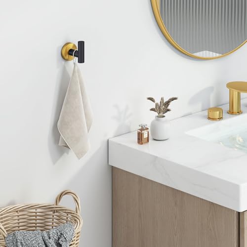 Image of Angle Simple Towel Hook Black and Gold, Bathroom Towel Holder for Wall