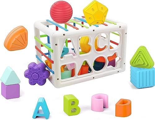 Brand Conquer Baby Shape Sorting Cube with ABCD and Shape Blocks, Sensory Colorful Elastic Rope Toddlers Kids Early Educational Developmental Toys(ABCD and Shape Blocks Montessori Learning Cube)