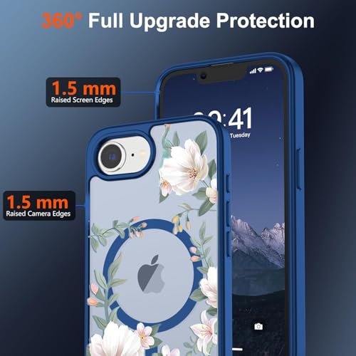 Image of VONZEE Compatible with iPhone 17e / iPhone 16e /SE4, Luxury Retro Flowers Floral Clear for Magnetic Wireless Charging Case Shockproof PC+TPU Cute Glossy Shiny Cover for Girls Women, Navy Blue