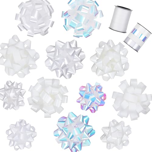 14 Pcs Gift Bows Assortment - Assorted Size Gift Bows and 2 Crimped Curling Ribbons Perfect for Christmas Holiday Party (White)
