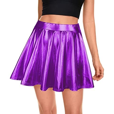 American Trends Athletic Skirts Shiny Metallic Pleated Mini Skirts Wet Look Stretchy Flared Skirts High Waisted, Purple, Large Cover