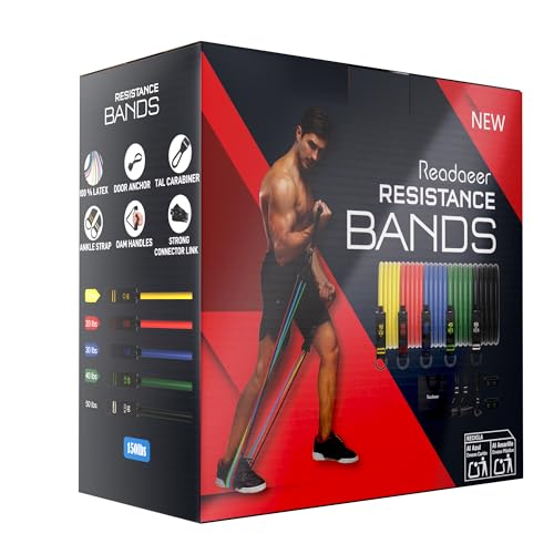 Fitness Widerstandsbänder Set – 5er Set Trainingsbänder mit Griffen, Türanker, Knöchelriemen & Poster – 70 KG/150 lbs Latex Expander für Krafttraining & Zuhause Workout
