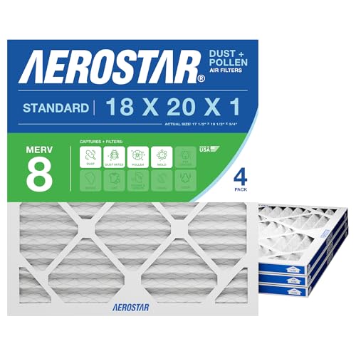 Aerostar 18x20x1 MERV 8 - 4 Count - High Efficiency Pleated HVAC Furnace & Air Conditioner Filters - Removes Dust Lint Mold & Allergy-Causing Pollen