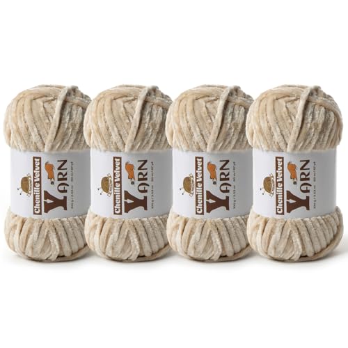 Image of 4 Pack Plush Chenille Chunky Yarn - Fluffy Velvet Yarn Crochet for Blanket Knitting and Crocheting - Soft Baby Yarns for Crocheting - Amigurumi Crochet Yarns 100g (87yds) (4 Beige)