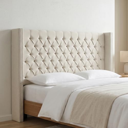 Madison Park Amelia Upholstered Headboard | Nail Head Trim Wingback Button Tufted | King, Cream