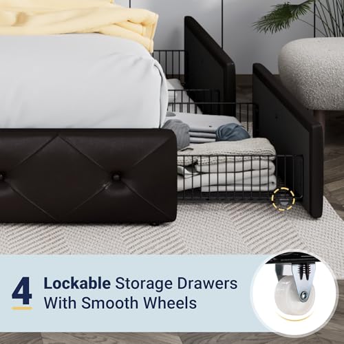 Allewie Upholstered Full Size Platform Bed Frame with 4 Storage Drawers and Headboard, Diamond Stitched Button Tufted, Mattress Foundation with Wooden Slats Support, No Box Spring Needed, Black Brown