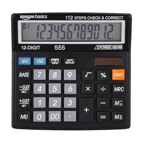 Image of Amazon Basics AB-555 12 Digits GST & Tax Calculator with 112 Steps Check and Correct, Basic Calculator, Black