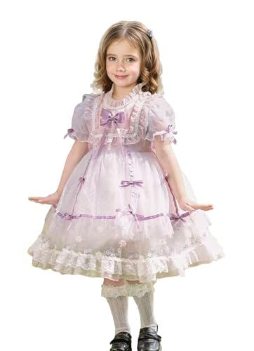 Girls Kawaii Lolita Dress Short Sleeve Sweet Bow Lace Skirt Layered Tulle Twirl Dresses