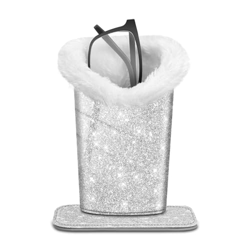 FINTIE Plush Lined Eyeglasses Holder Glasses Stand Case Anti-scratch Glasses Storage Organizer for Desk Nightstand Office Glittering Silver