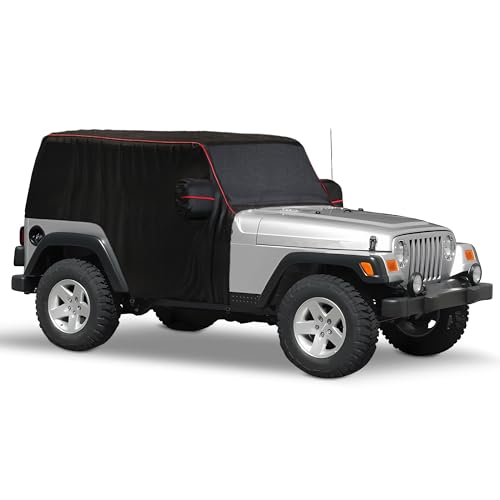 MZS Cab Cover Compatible with Wrangler TJ YJ 2 Door 1986-2006 600D Waterproof Wrangler Cover with Mirror Pocket 6 Gust Hook Car Half Covers Windproof Sun Snow Rain Scratch Protection