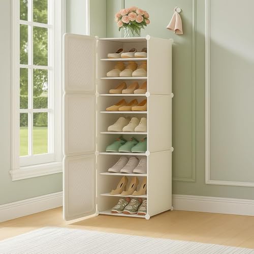 Image of Mevigo 9-Tier Shoe Rack with 3-Doors| Holds -Pairs |Waterproof & Dustproof Modular Plastic Shoe Cabinet| Foldable Stackable Shoe Organizer with Metal Frame |Space Saving Storage for Home,Entry Way