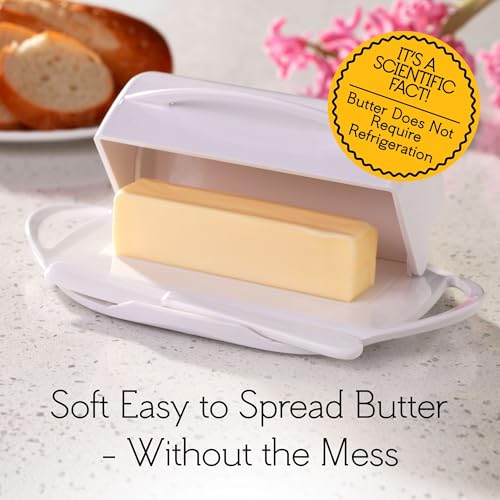 Image of Butterie Flip-Top Butter Dish with Lid & Matching Knife, Holds 2 Sticks /European Butter, No-Mess Butter Holder, Shatterproof, Dishwasher Safe, White (White)