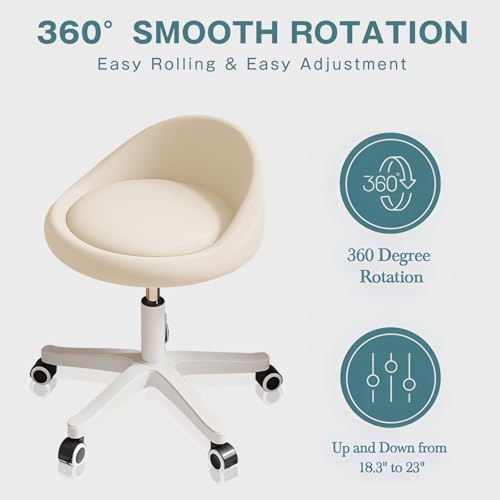 Image of Rolling Stool Chair with Backrest, Round PU Leather Adjustable Height Hydraulic Swivel Rolling Stool for Spa Salon Tattoo Massage Doctor Dental Medical Office Beige