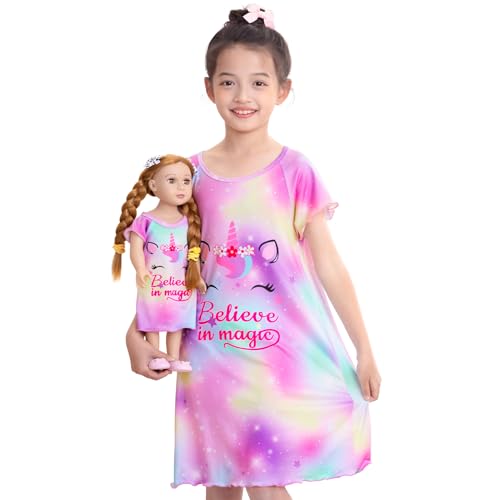 ICOSY Girls Nightgowns Matching Doll & Girls Pajamas Clothes Sleepwear for American 18
