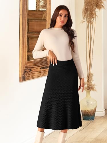 Seta T Women's Ribbed Knit A-Line Skirts Elastic High Waist Stretchy Sweater Midi Skirt4