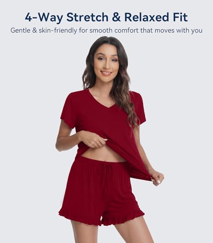 Image of WiWi Womens Pajamas Set Bamboo Viscose Super Soft Short Sleeve Top Ruffle Shorts Sleepwear Cooling Pj Sets S-XXL