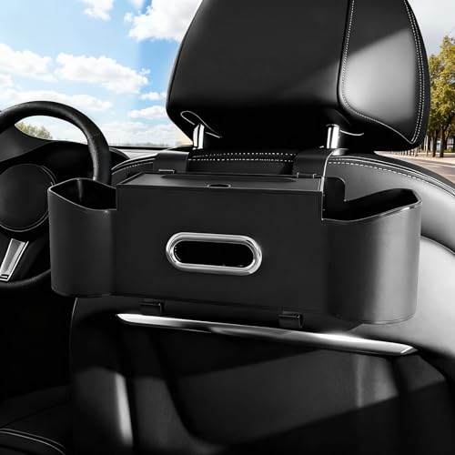 Car Backseat Organizer for Kids & Travelers - 4 in 1 Multifunctional Car Seat Back Storage with Cup Holder Tissue Box Snack/Handbag Holder - Nappa Leather Universal Fit for SUV/Van/Sedan (Black)