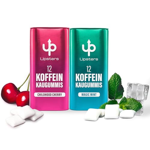 Upsters Koffein Kaugummi Probierpaket | Childhood Cherry & Magic Mint | Mit Guarana Vitamin B6 & 5260 mg Koffein | Zuckerfrei vegan | Energy Kaugummi für Fokus & Konzentration | 24 Stück
