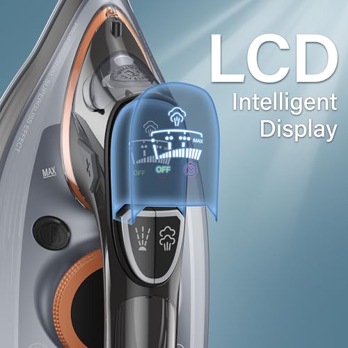 IRONDAY Steam Iron for Clothes with LCD Screen, 1700W Iron Non-Stick Ceramic Soleplate, Auto Shutoff, Self-Cleaning, Anti-Drip, Steam Burst, Spray Mist 10.14oz Water Tank Ironing Clothes for Home,Grey